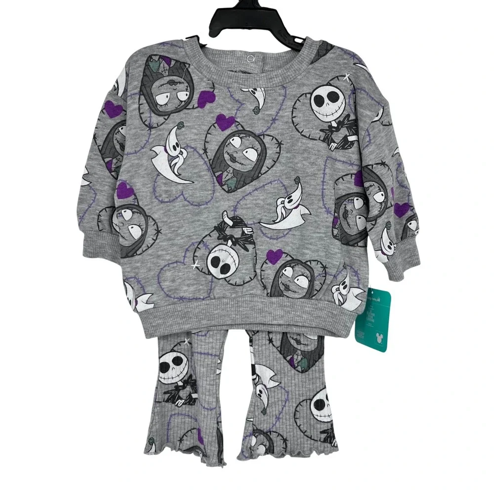 Disney Nightmare Before Christmas Set Girls 3-6M Gray Jack Sally Fleece‎ Flare